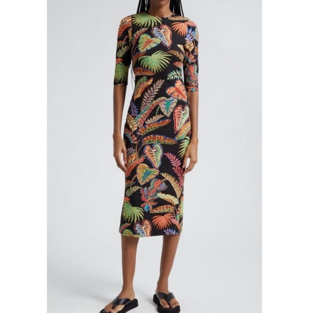 Farm Rio Tropical Foliage Midi Dress Medium Black Botanical 3/4 Sleeve Boho